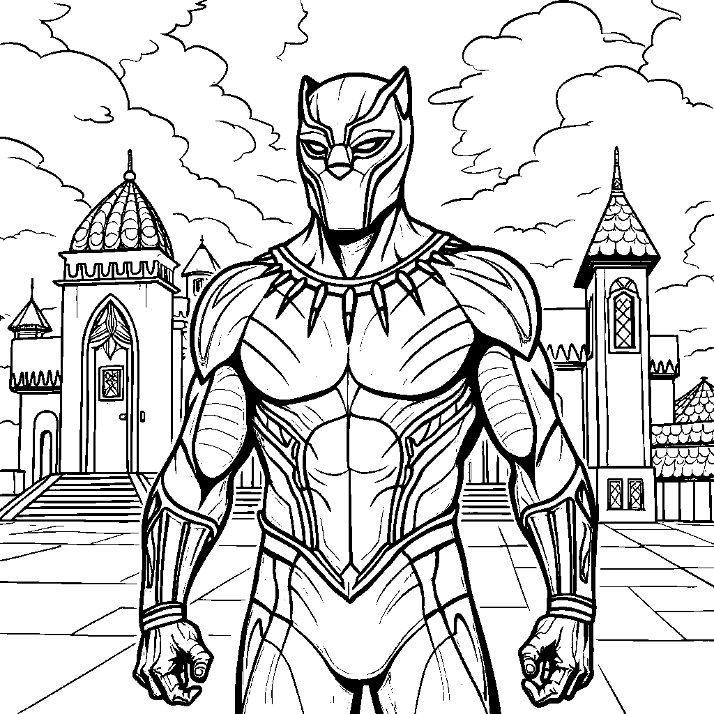 Black Panther standing proudly in front of the Wakandan palace