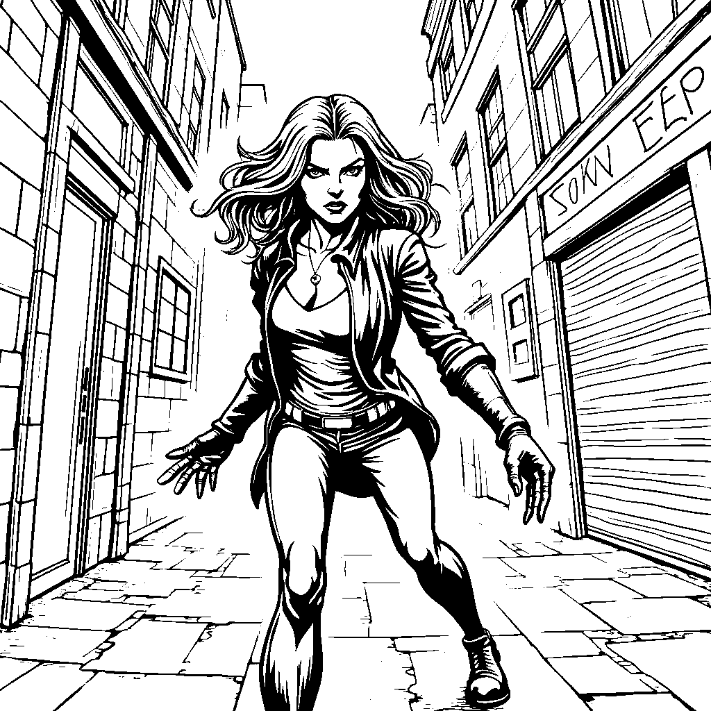 Black Widow sneaking through a dark alley