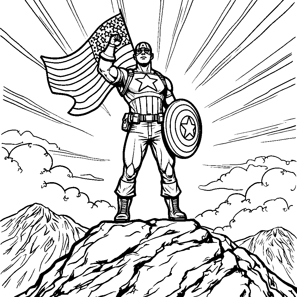 Captain America standing victorious on a mountain top