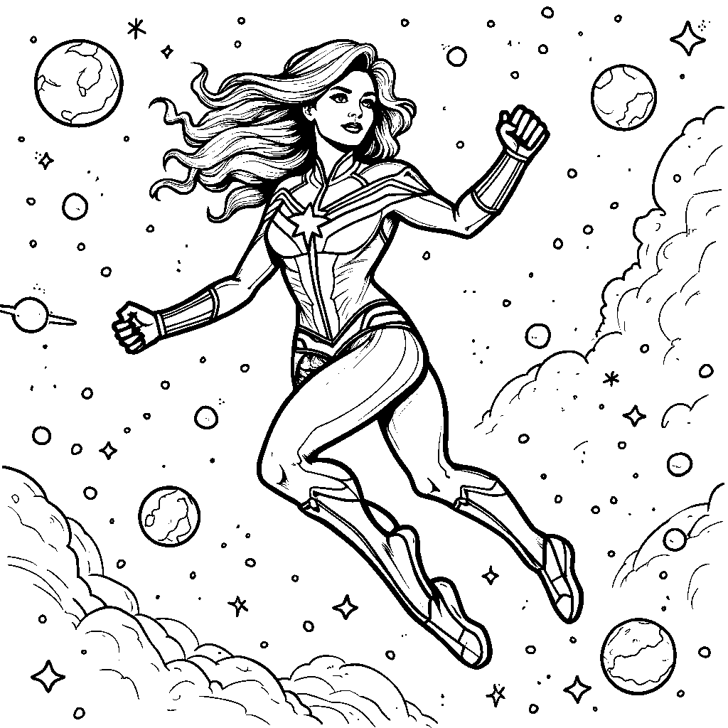 Captain Marvel soaring through the cosmos