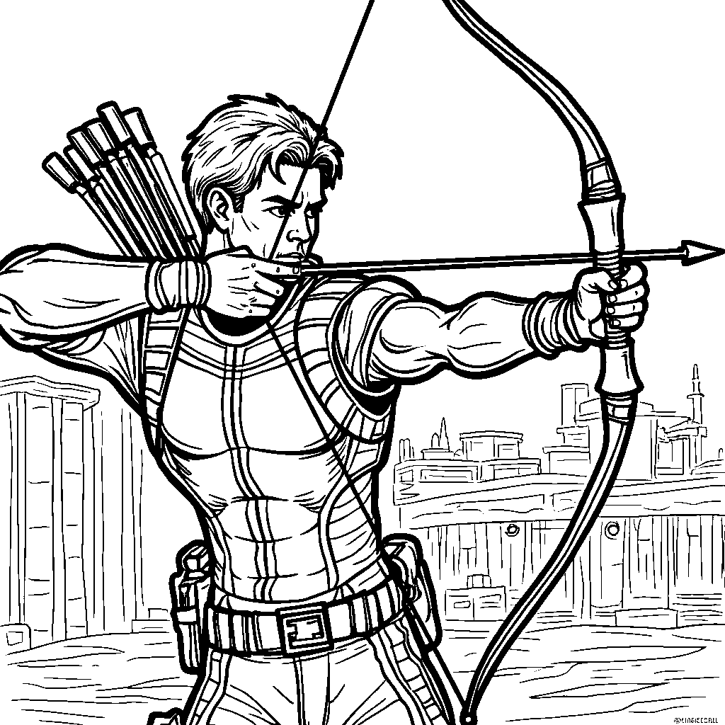 Hawkeye taking aim with his bow and arrow