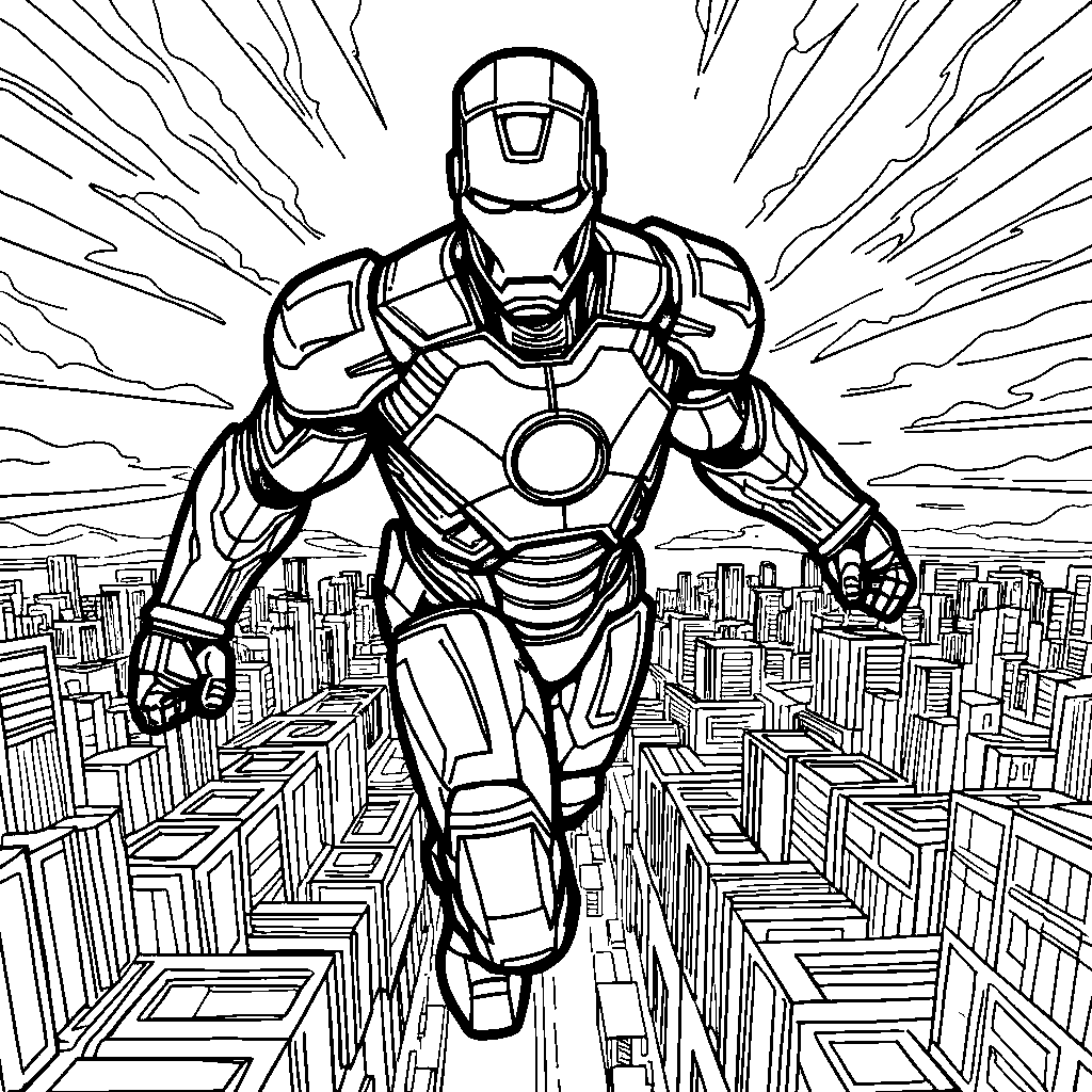 Iron Man flying over the city skyline