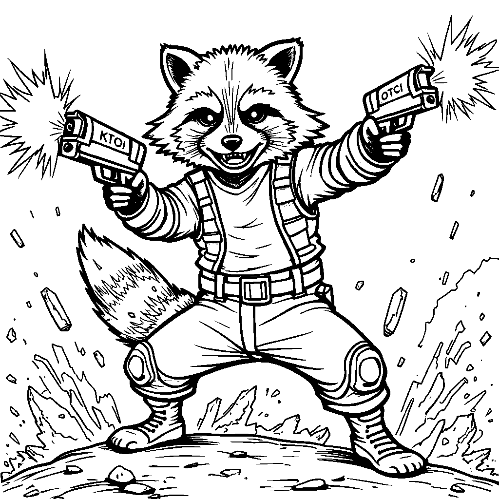 Rocket Raccoon's guns blazing in a fierce battle