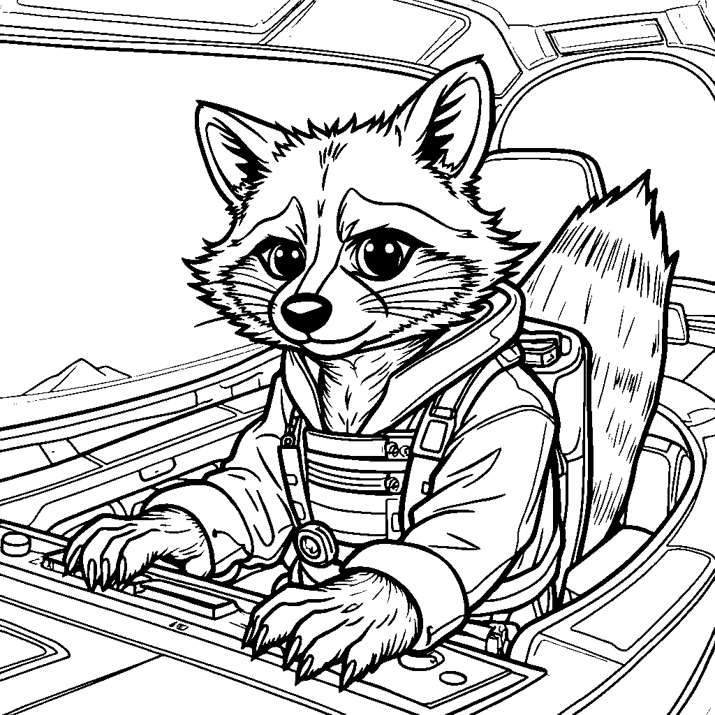 Rocket Raccoon piloting the Milano spaceship