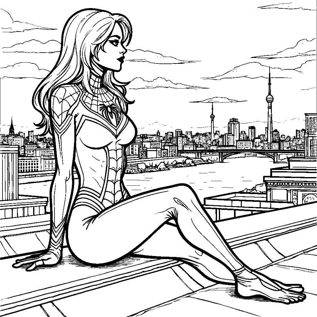 Spider-Woman perched on a rooftop at sunset