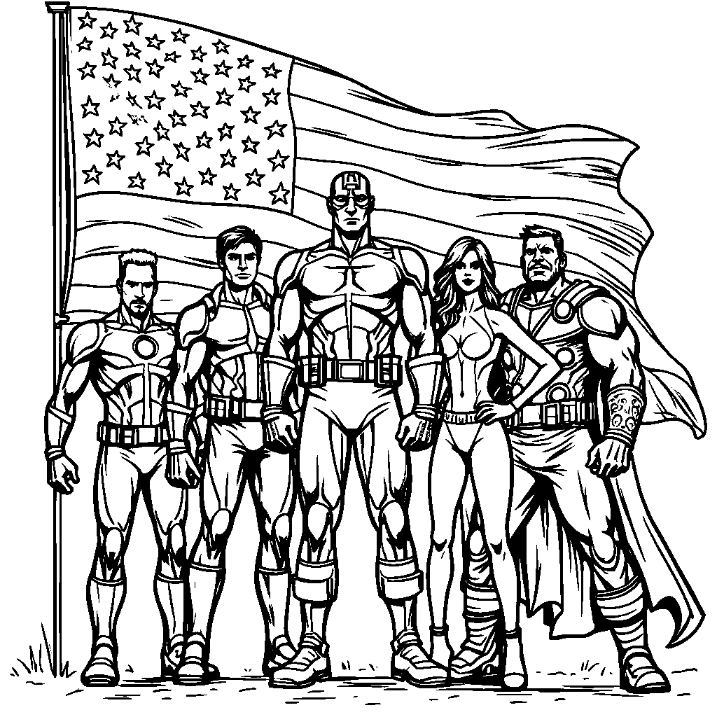 The Avengers assembled in front of a giant American flag