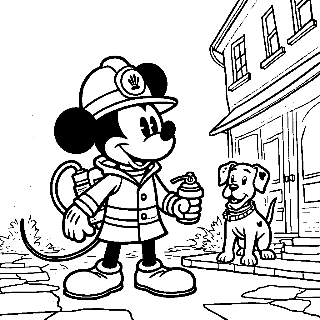 Mickey Mouse as a firefighter saving the day