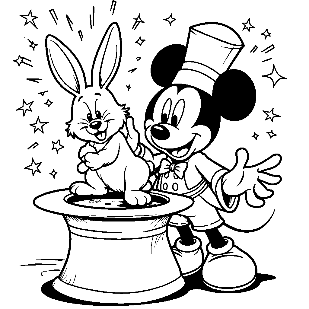 Mickey Mouse as a magician pulling out a rabbit