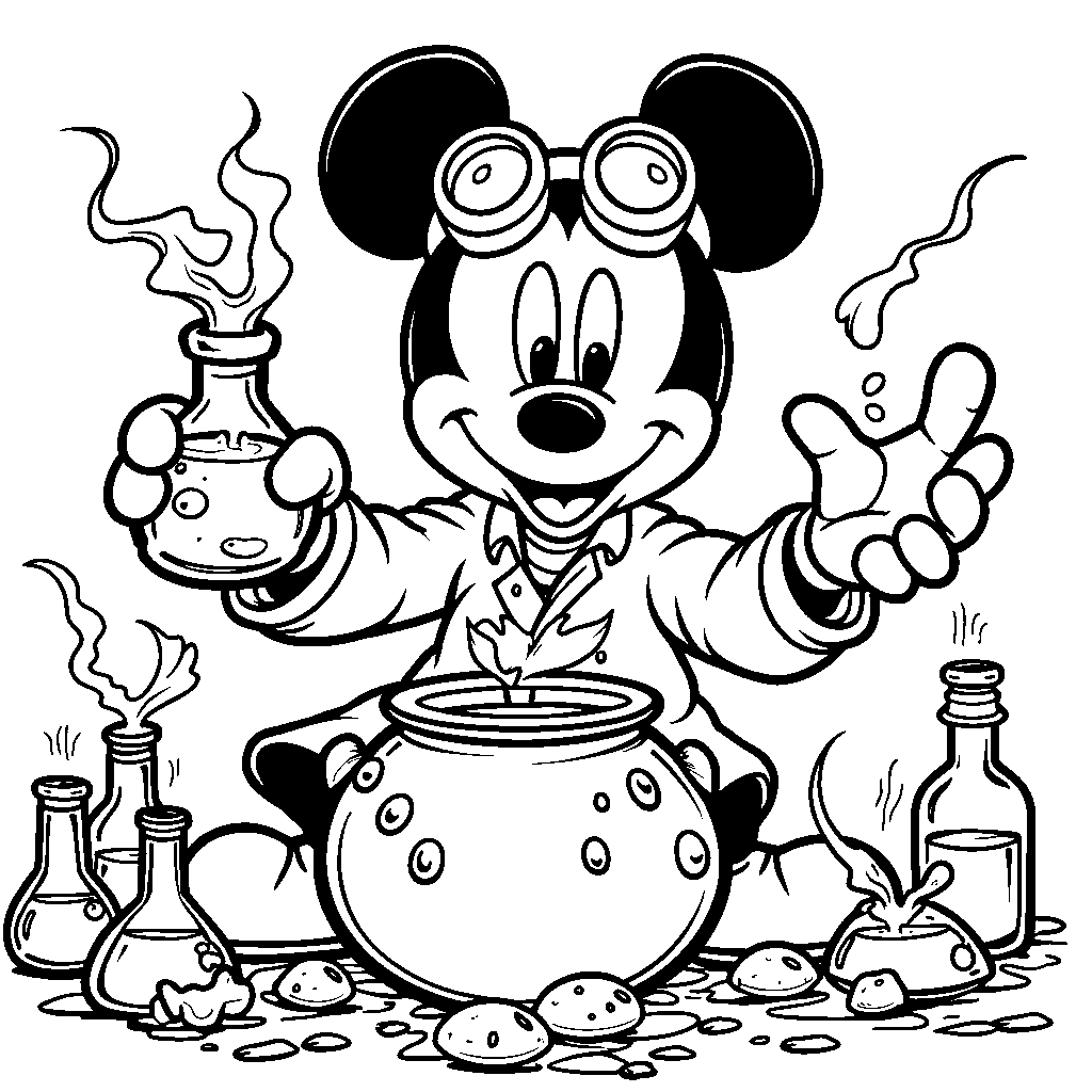 Mickey Mouse as a scientist mixing colorful potions