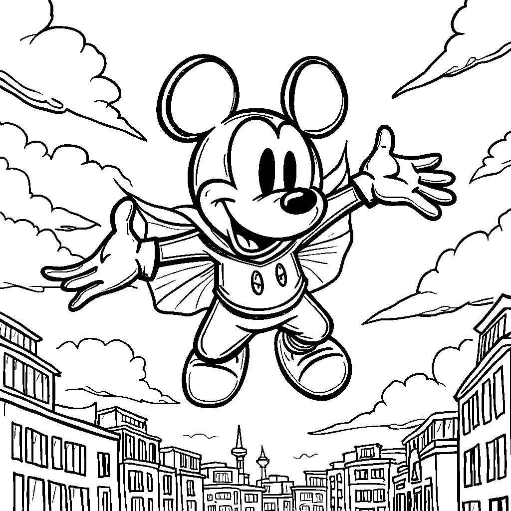 Mickey Mouse as a superhero flying through the sky