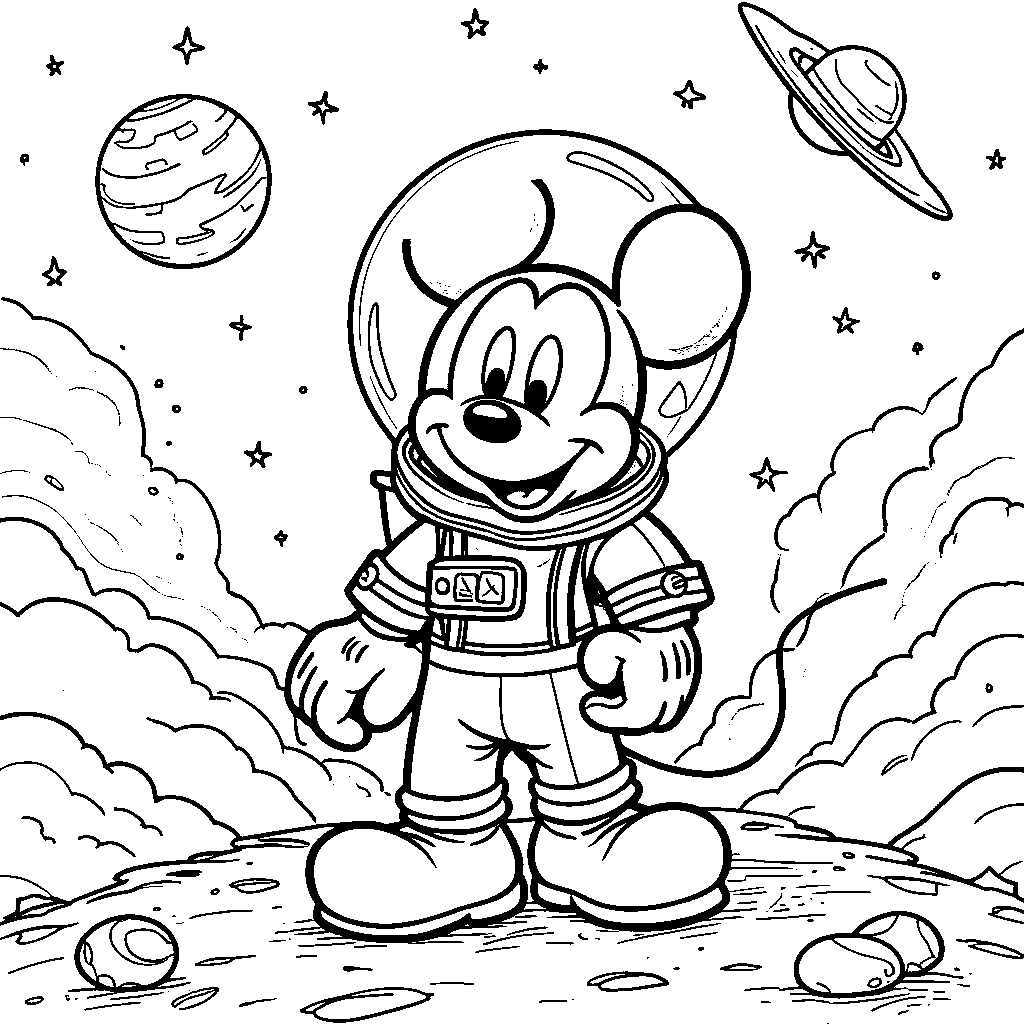 Mickey Mouse as an astronaut exploring space