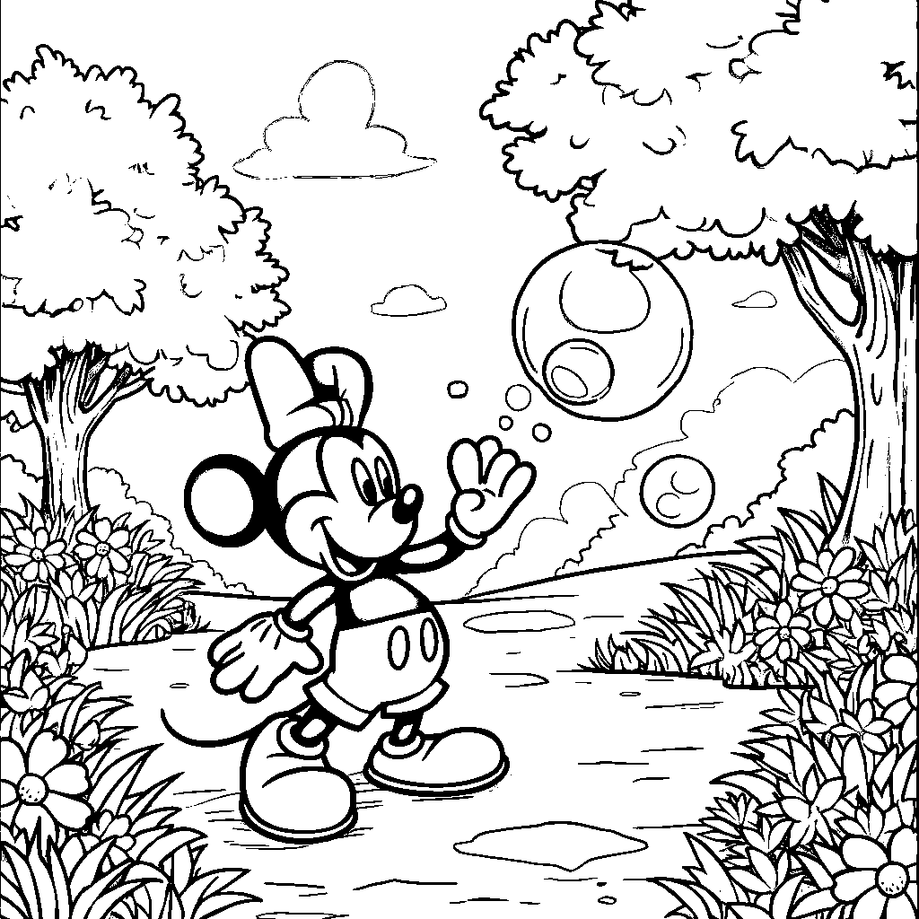 Mickey Mouse blowing bubbles in the park