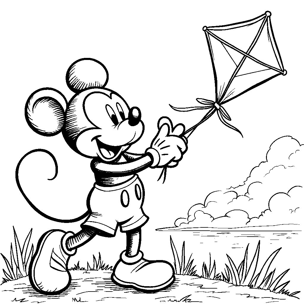 Mickey Mouse flying a kite on a windy day