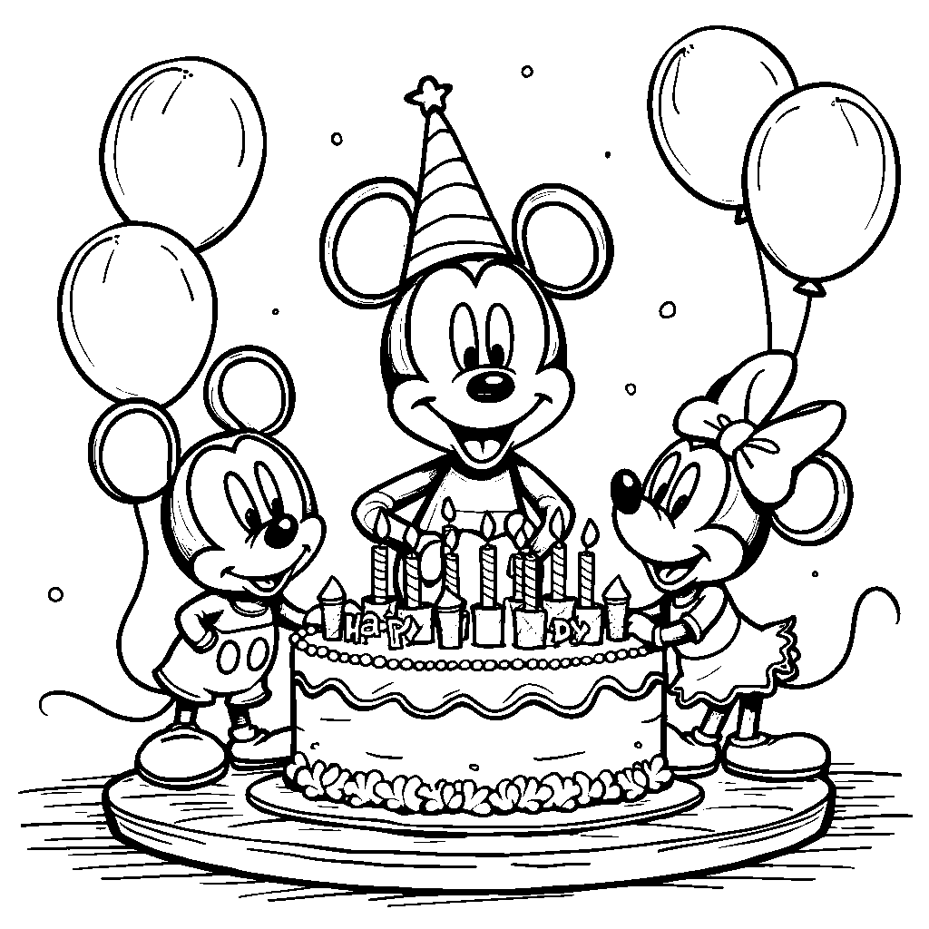 Mickey Mouse having a birthday party with balloons