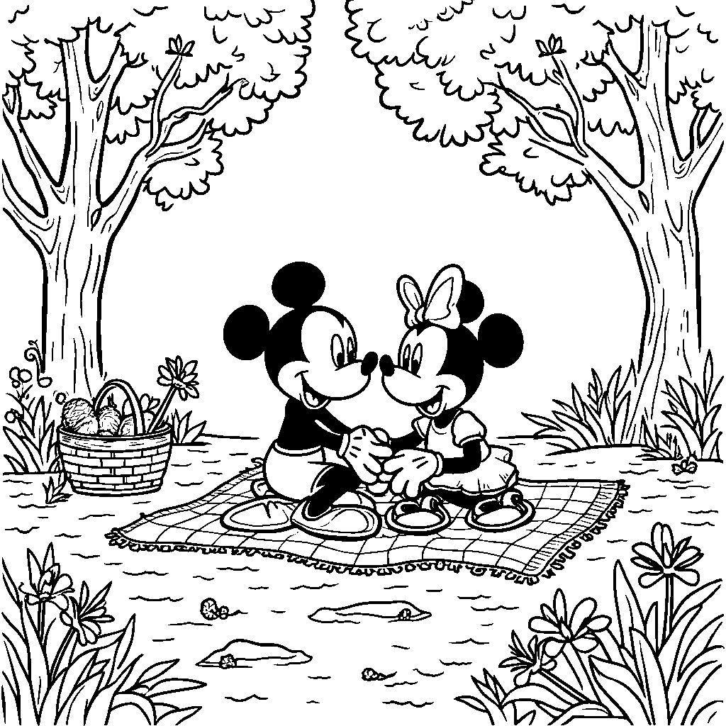 Mickey Mouse having a picnic with Minnie