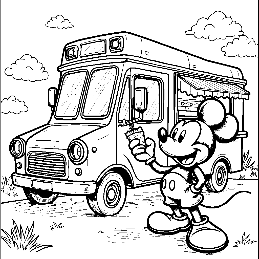 Mickey Mouse having a snack at a food truck