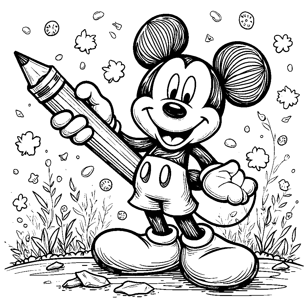 Mickey Mouse holding a giant pencil