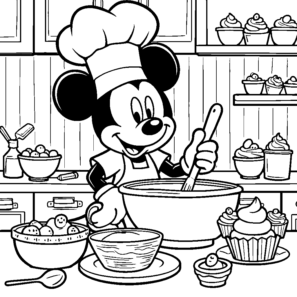 Mickey Mouse in a chef's hat baking cupcakes