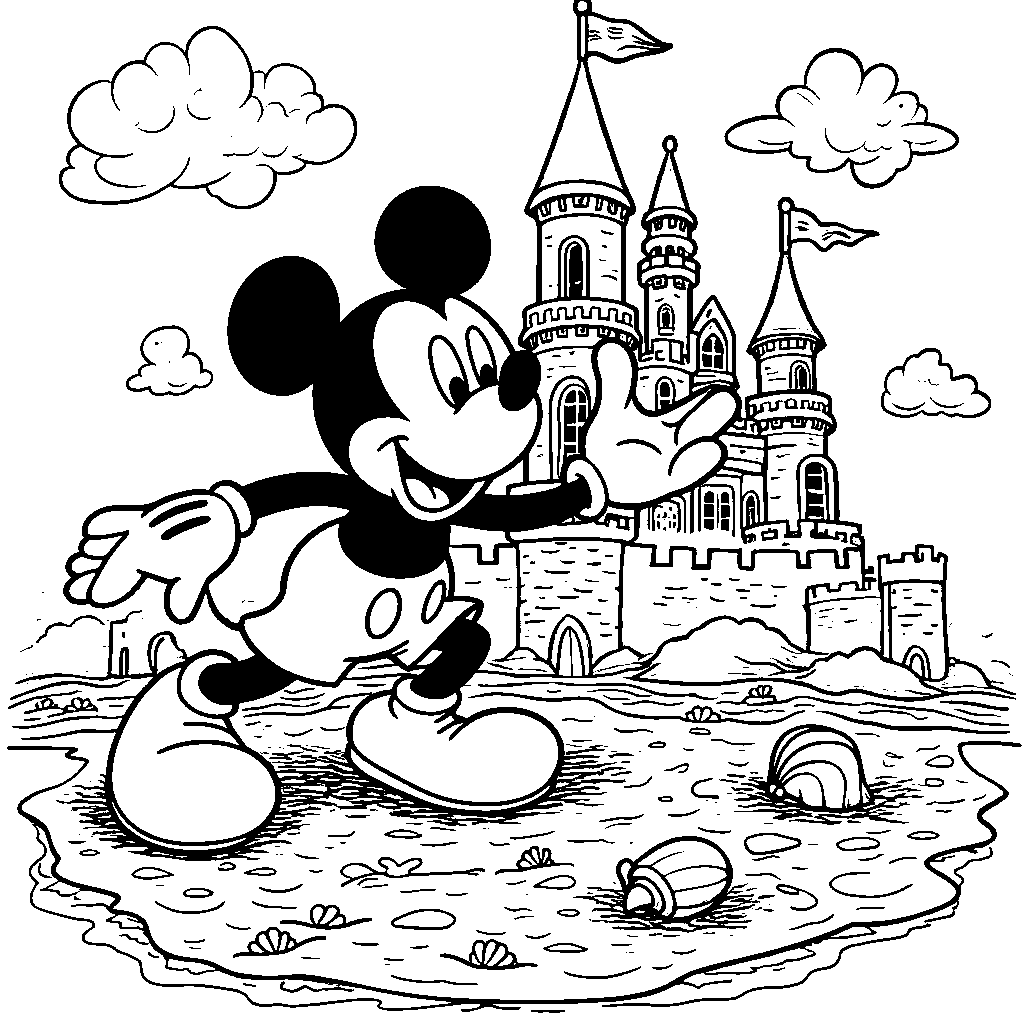 Mickey Mouse making a sandcastle on the beach