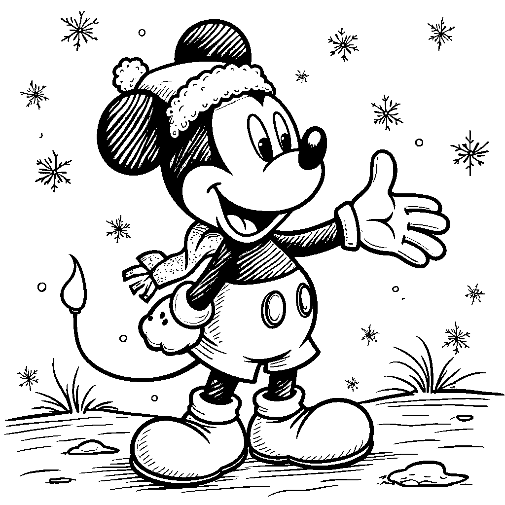 Mickey Mouse making snowflakes on a winter day