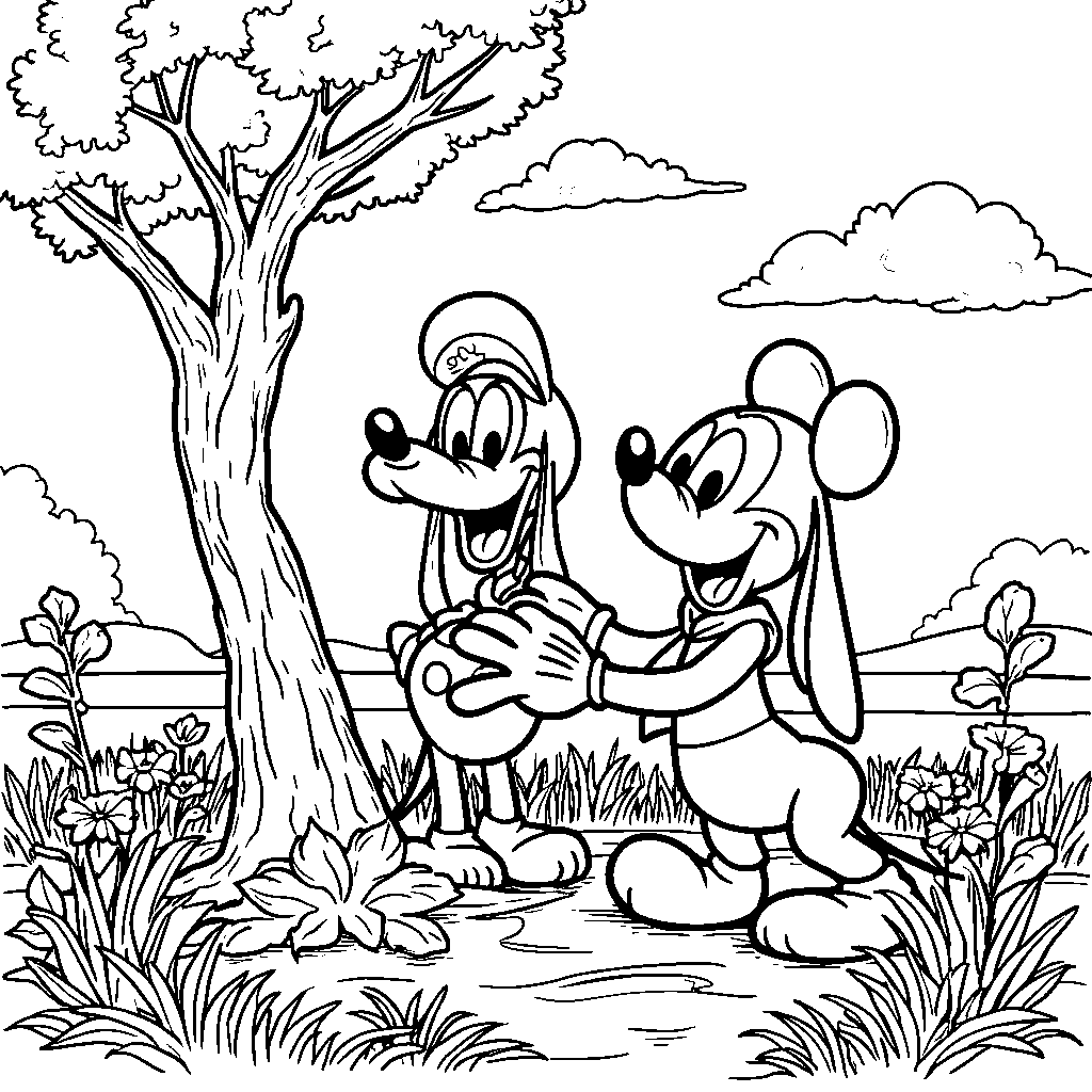 Mickey Mouse planting a tree with Pluto