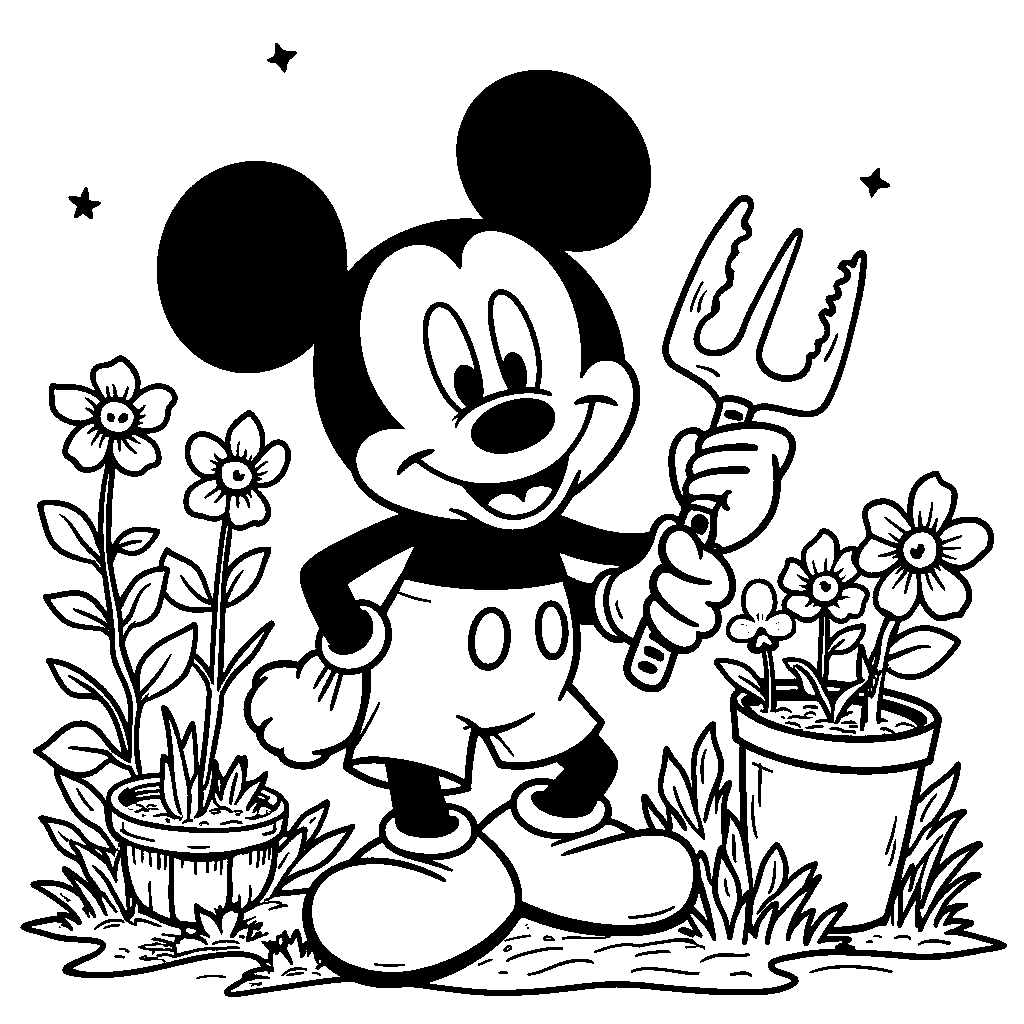 Mickey Mouse planting flowers in his garden