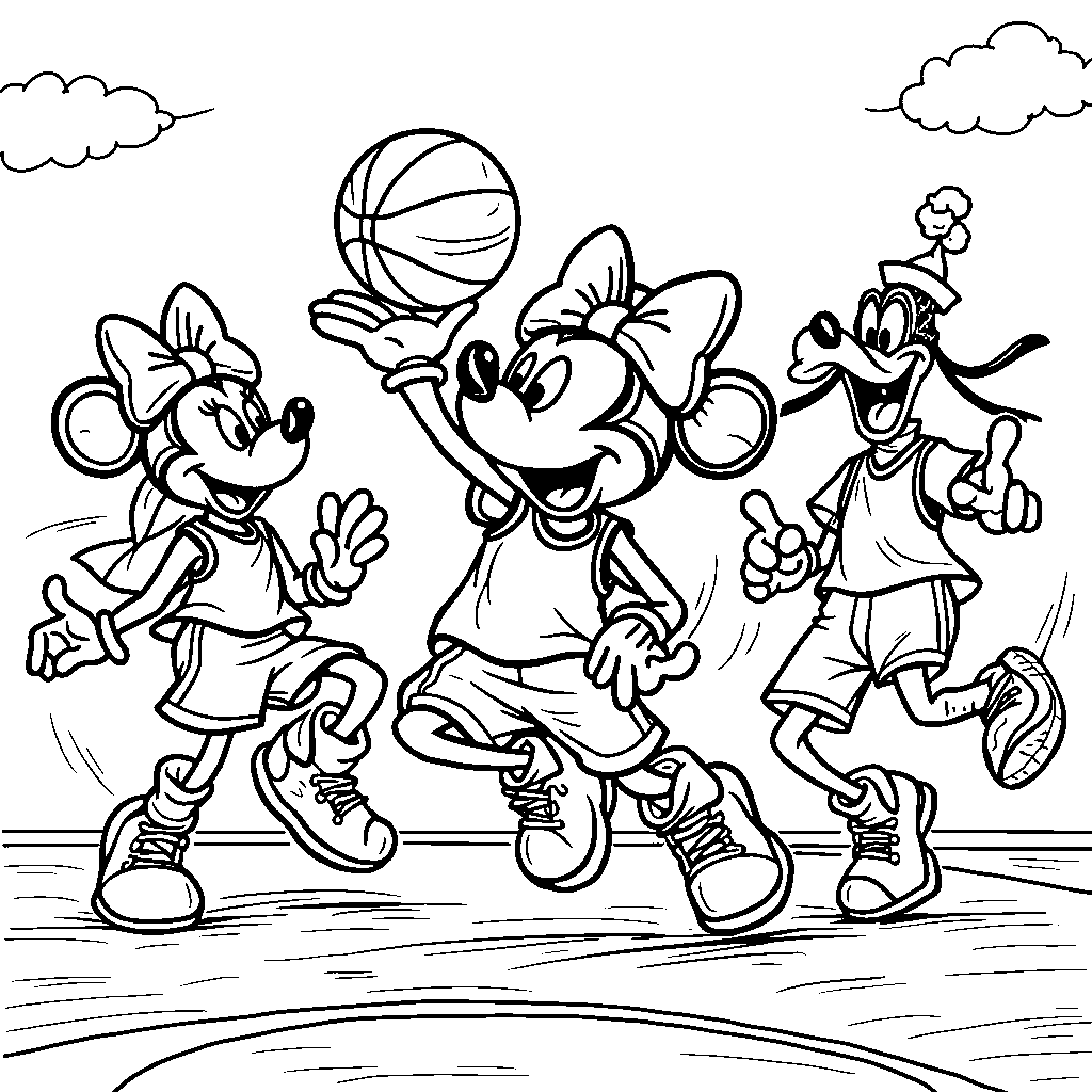 Mickey Mouse playing basketball with his friends