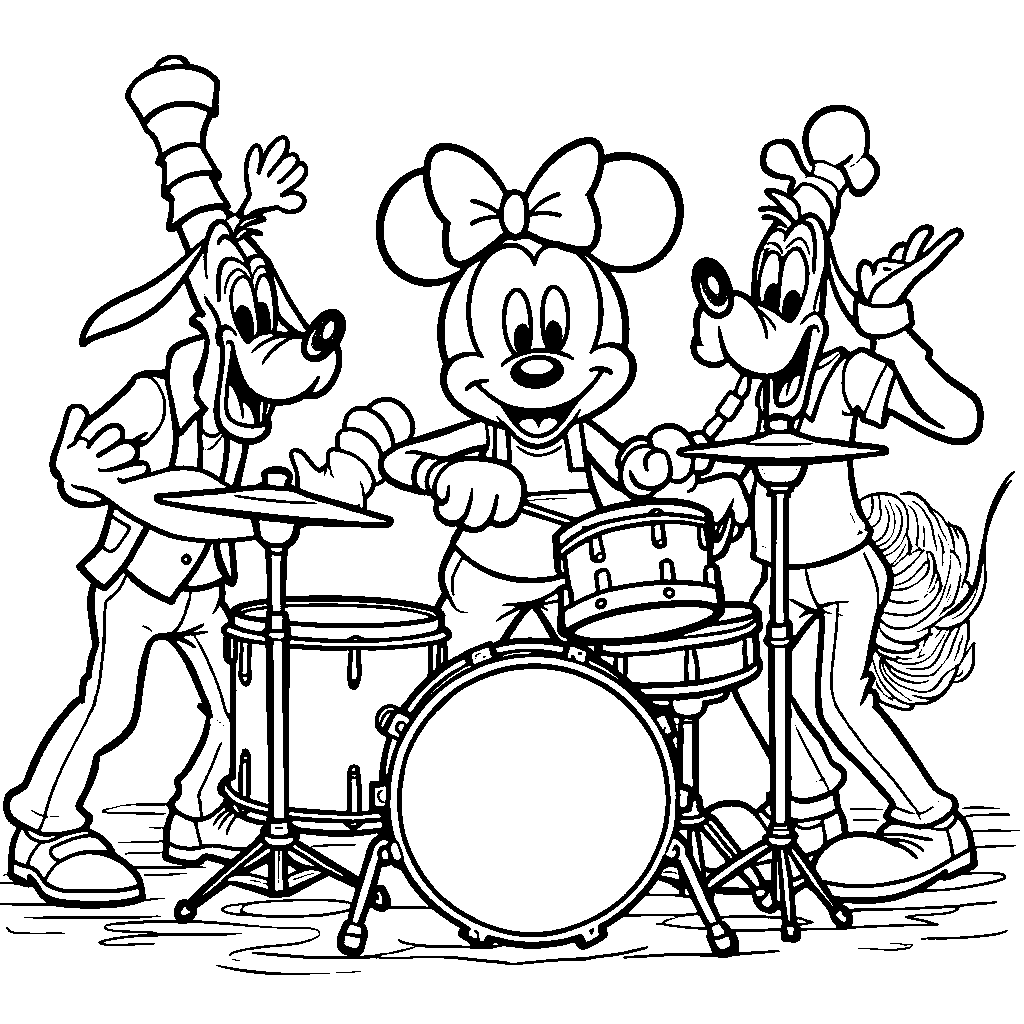 Mickey Mouse playing drums with his friends