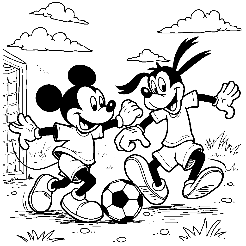 Mickey Mouse playing soccer with Goofy