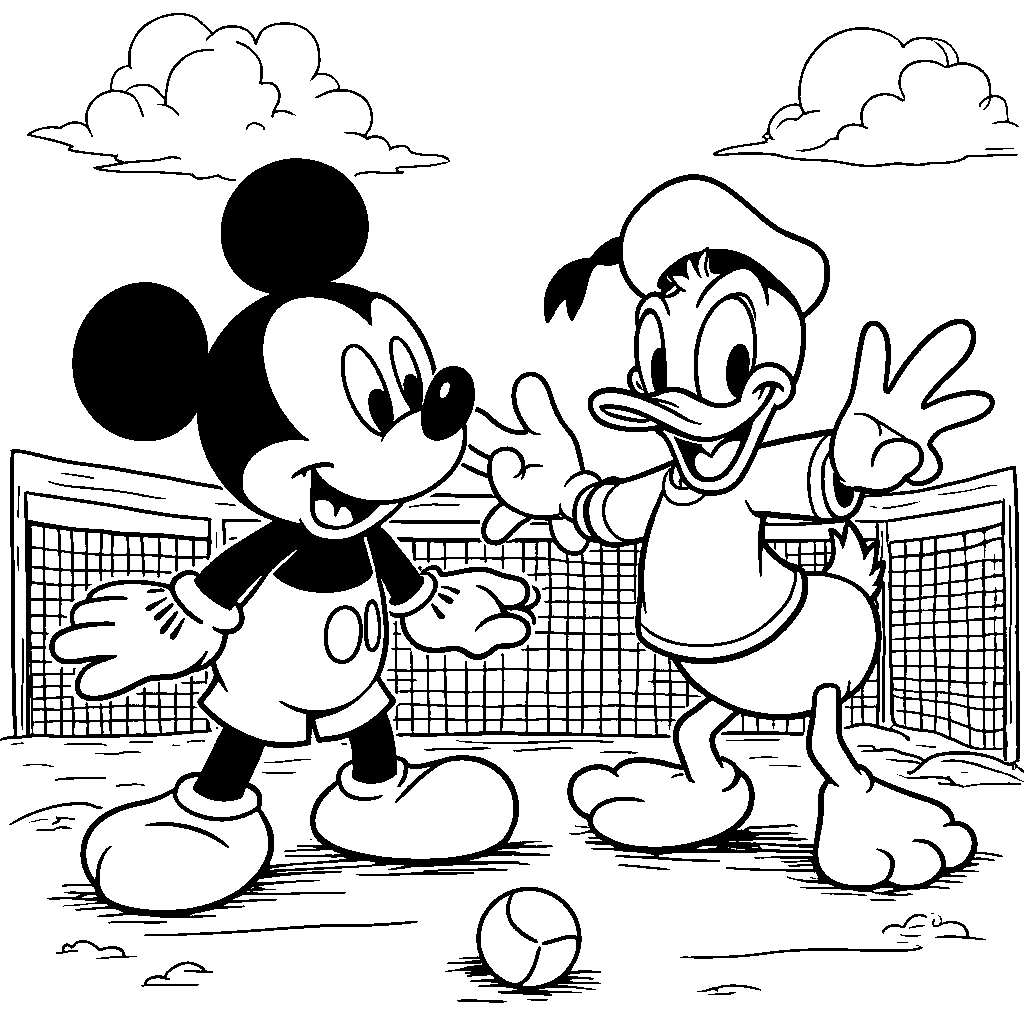 Mickey Mouse playing tennis with Donald