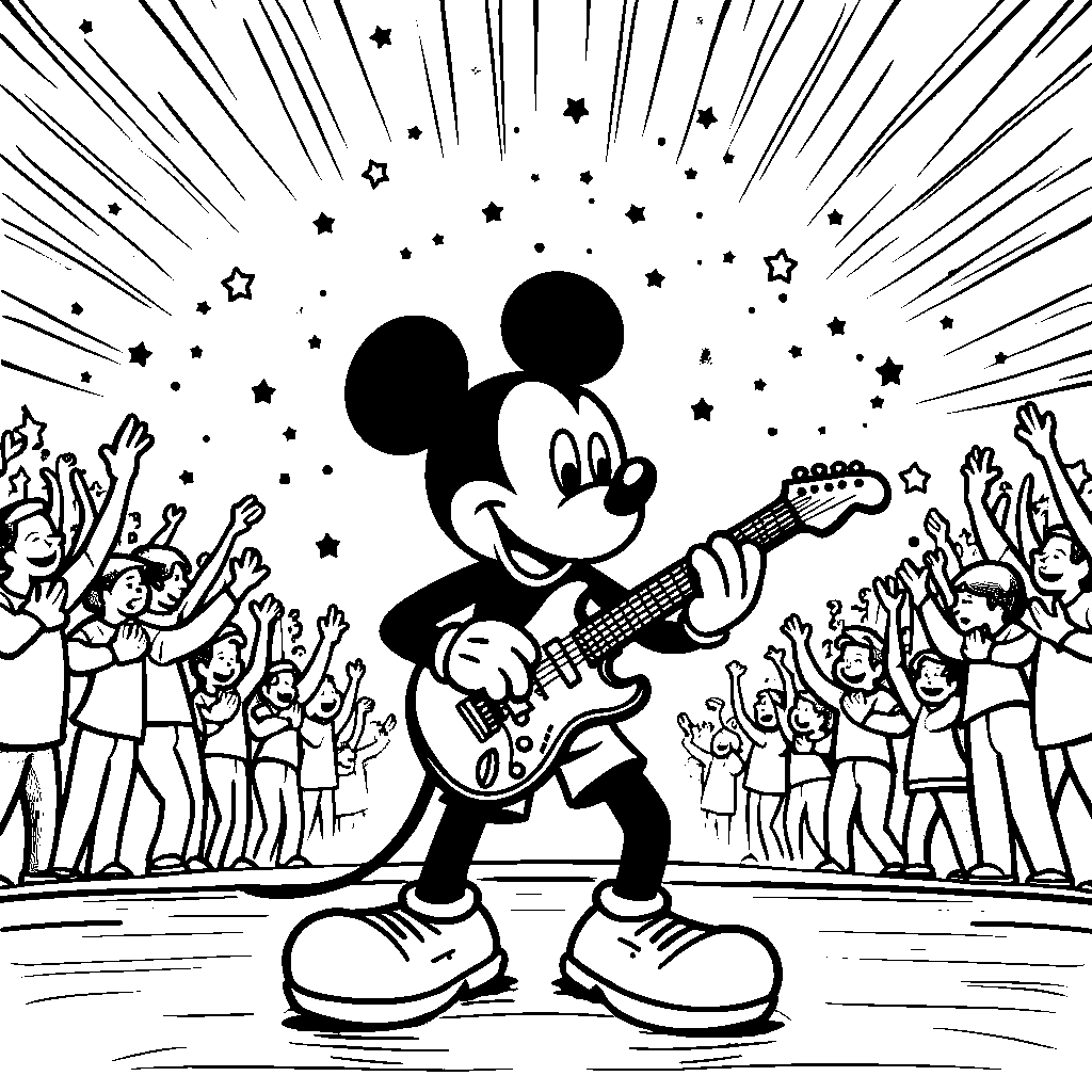 Mickey Mouse playing the guitar on stage