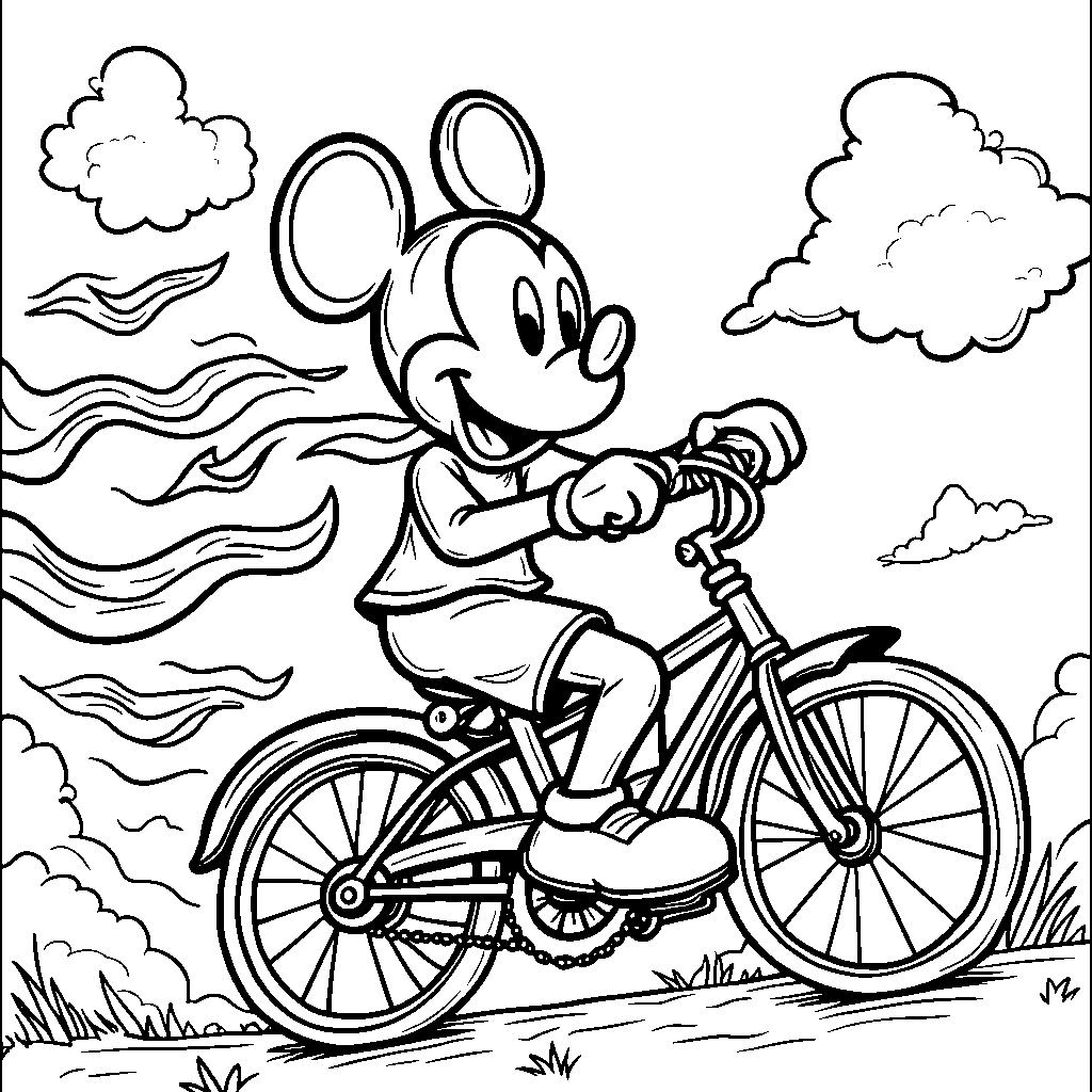 Mickey Mouse riding a bicycle with streamers