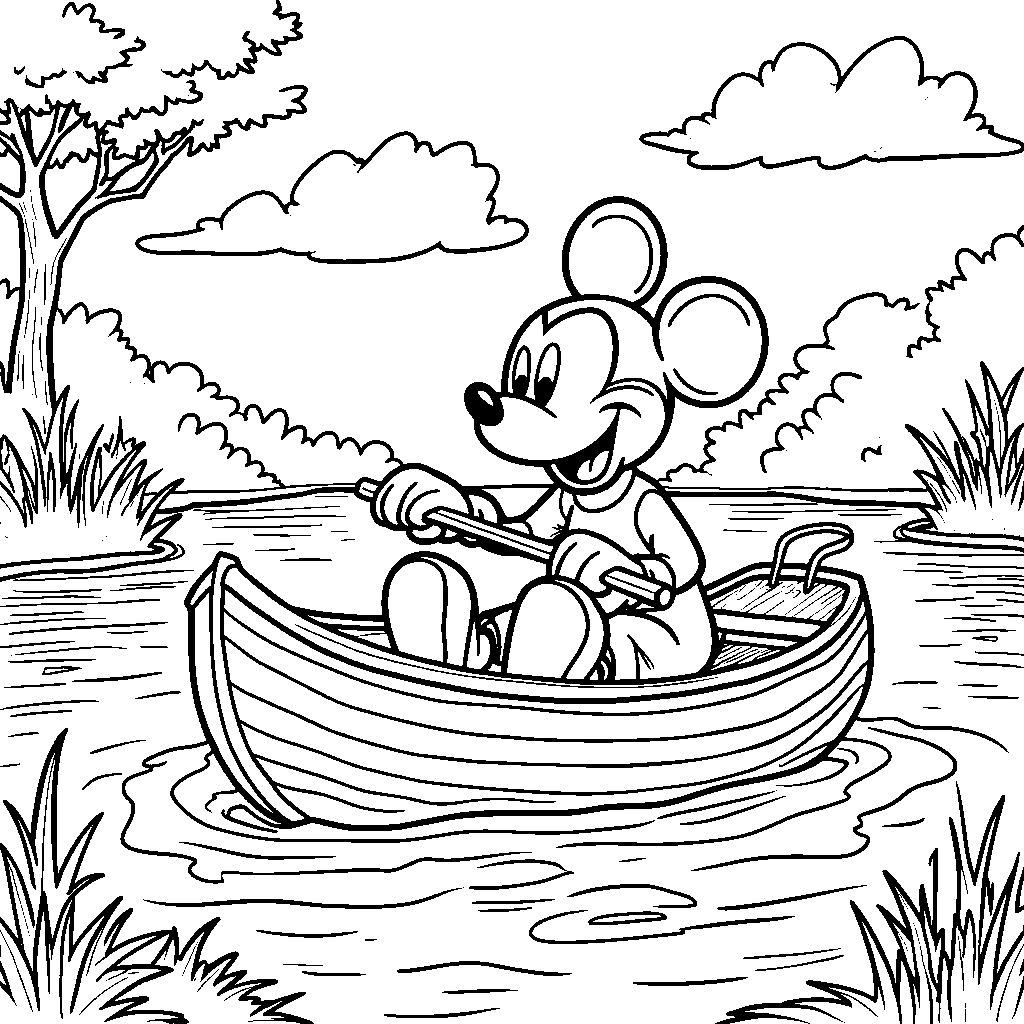 Mickey Mouse riding a boat on a lake