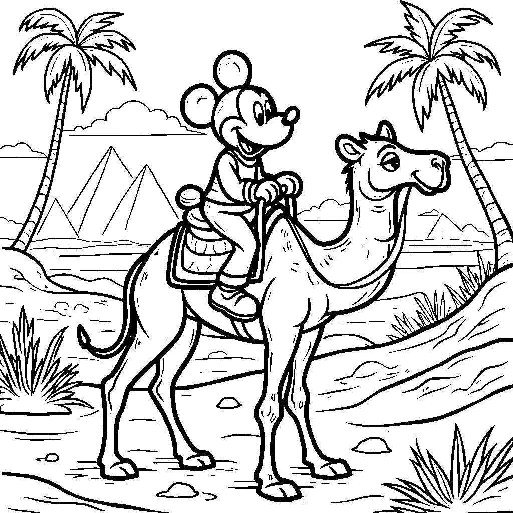 Mickey Mouse riding a camel in the desert