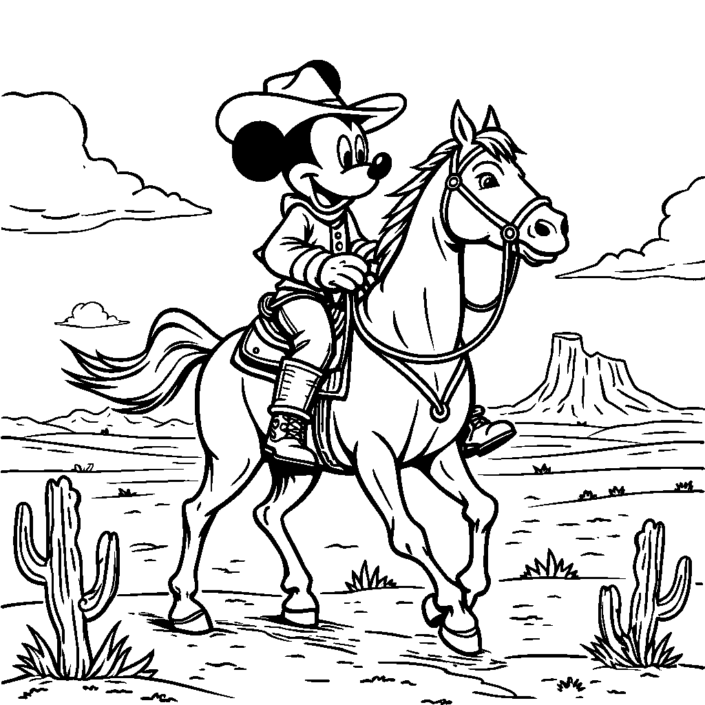 Mickey Mouse riding a horse in the wild west