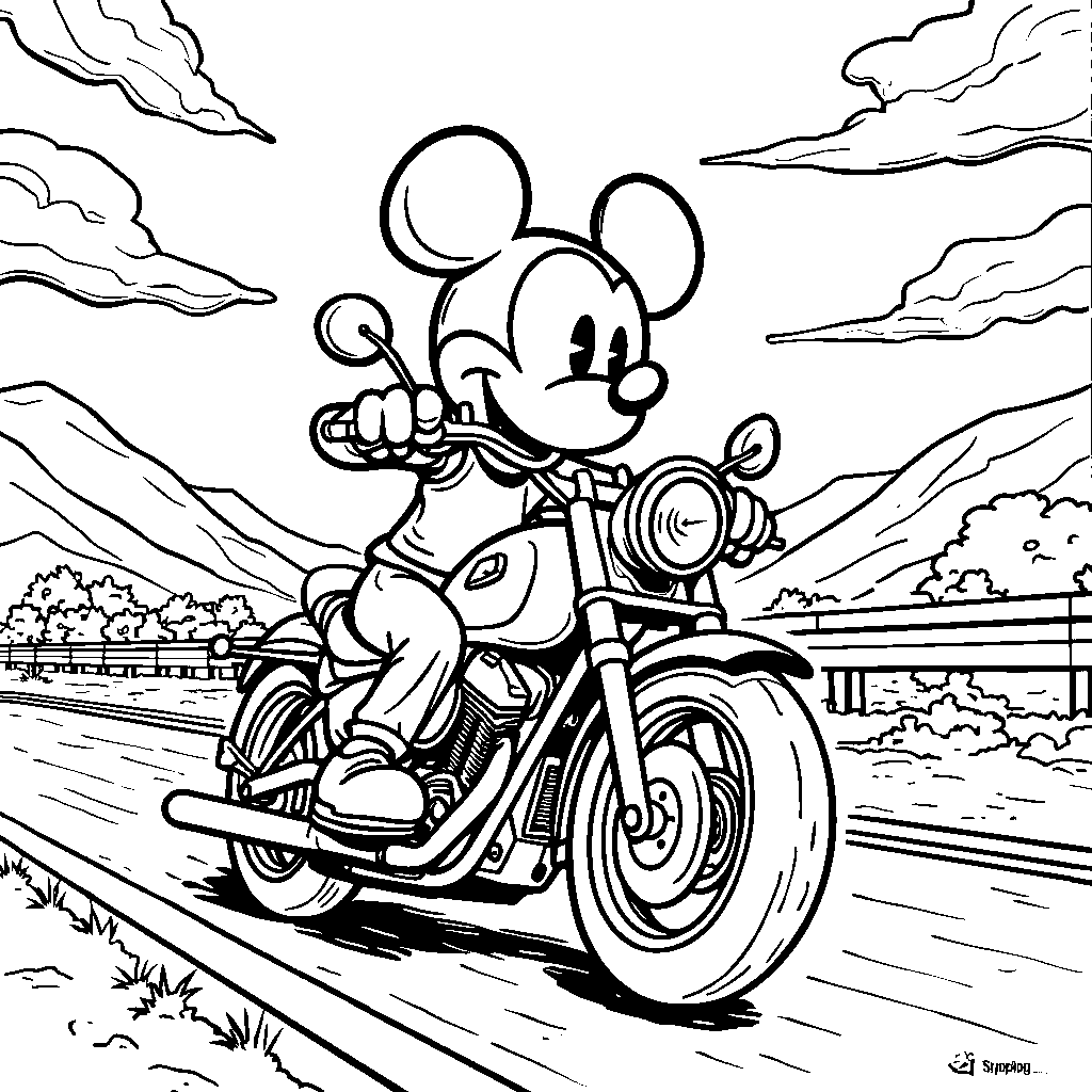 Mickey Mouse riding a motorcycle on a highway