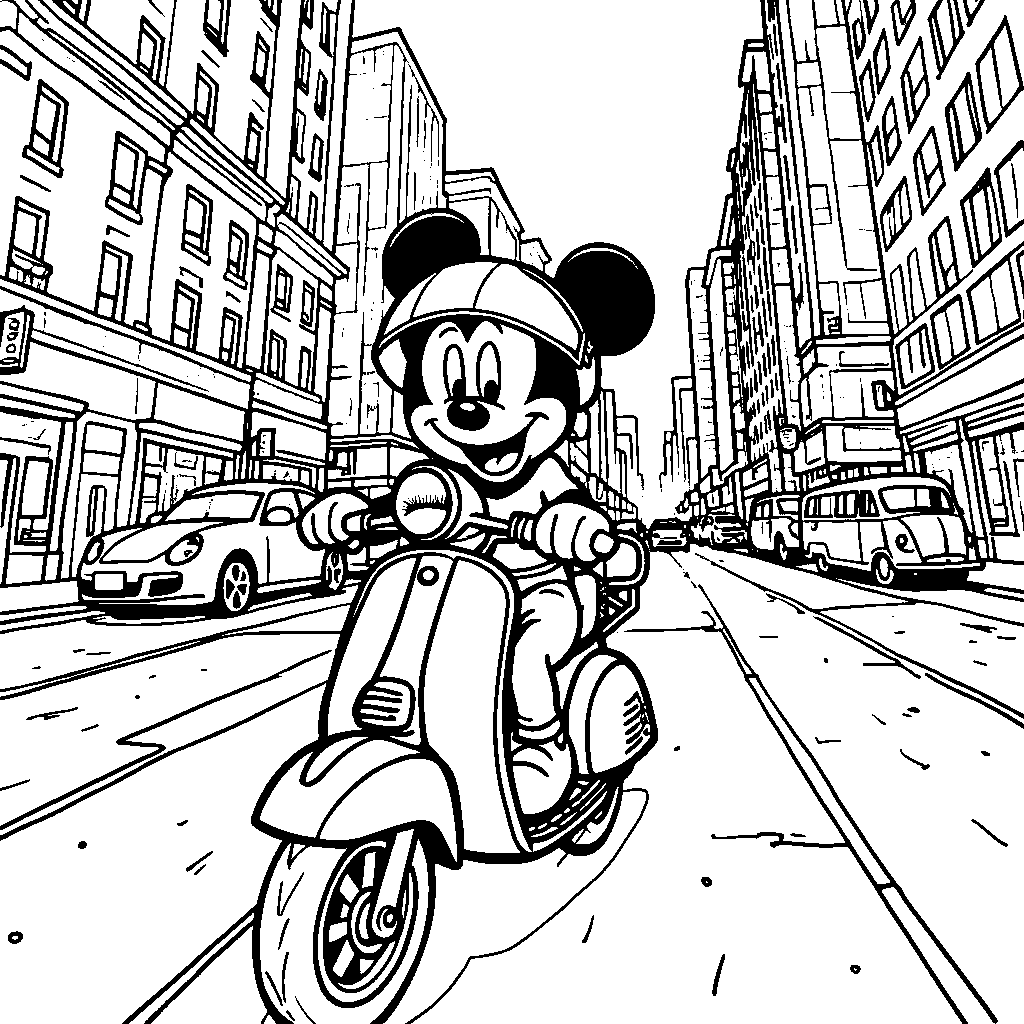 Mickey Mouse riding a scooter through the city