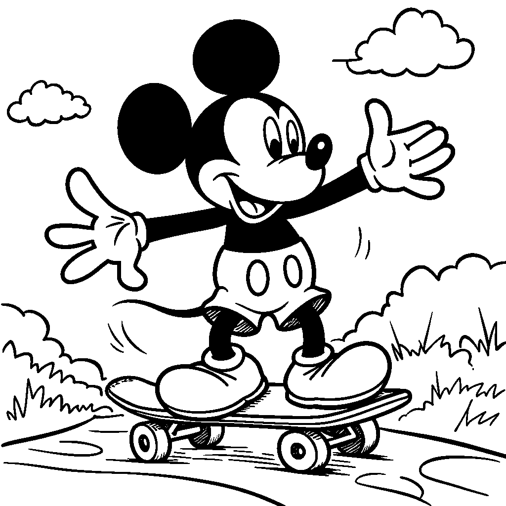 Mickey Mouse riding a skateboard on a sunny day