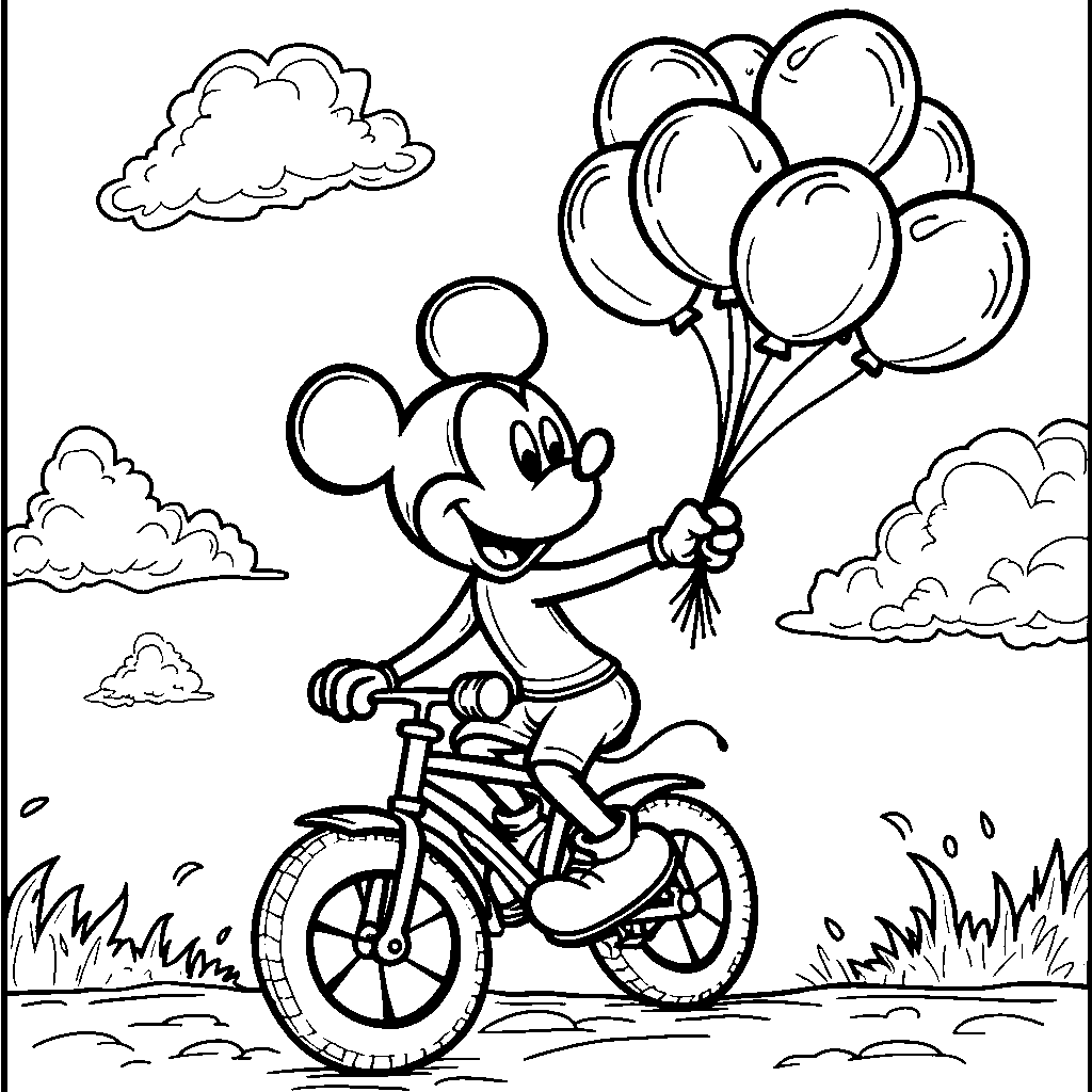 Mickey Mouse riding a unicycle with balloons