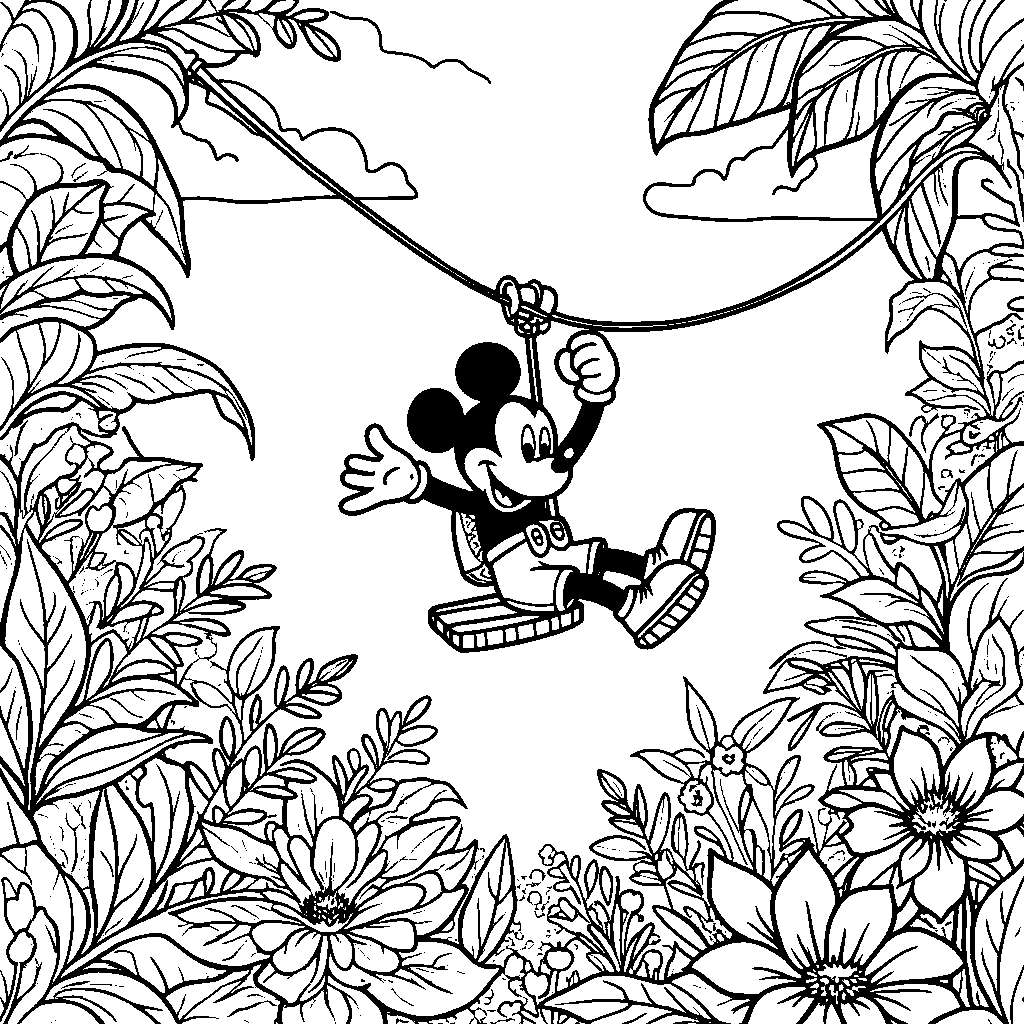 Mickey Mouse riding a zip line through the jungle