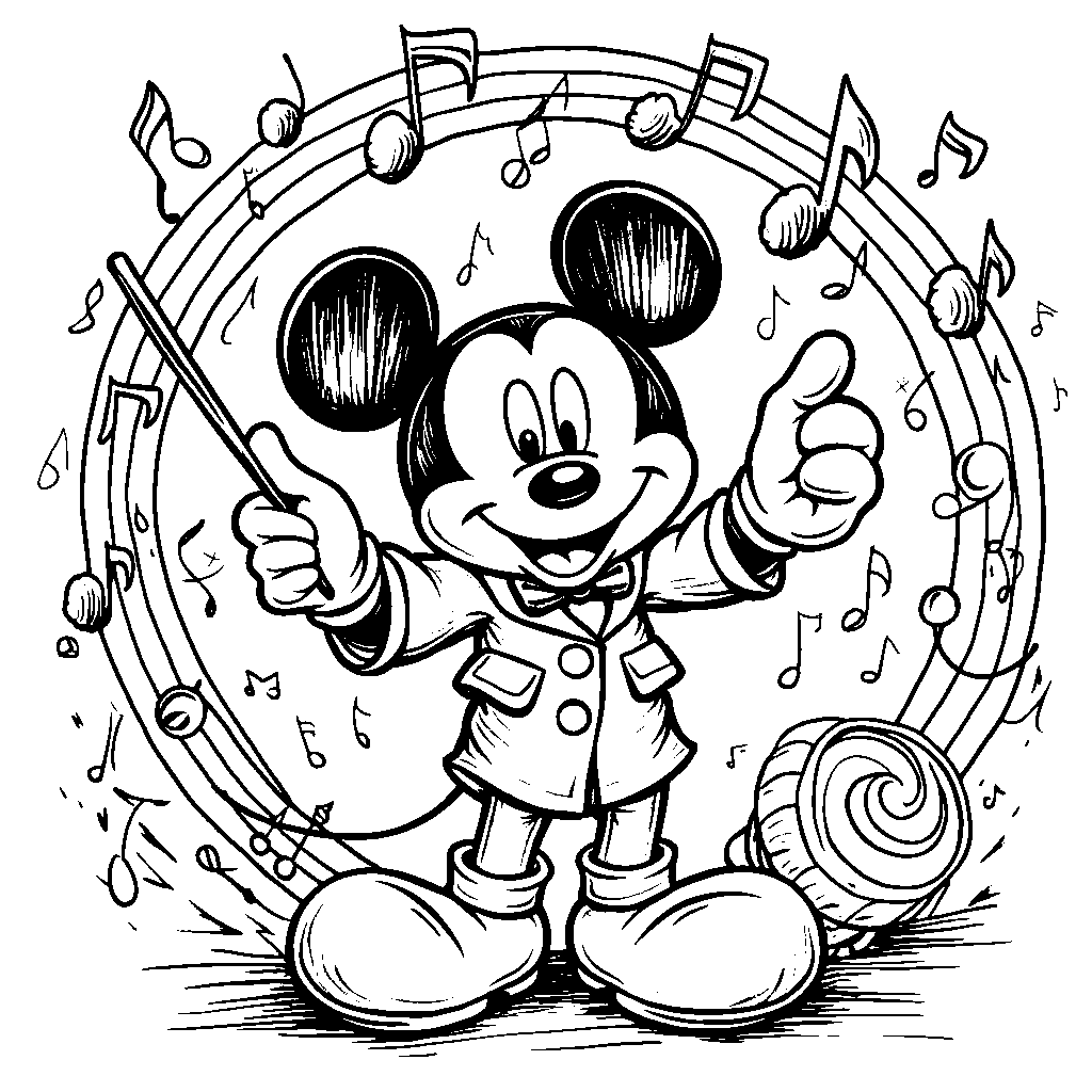 Mickey Mouse surrounded by musical notes and instruments