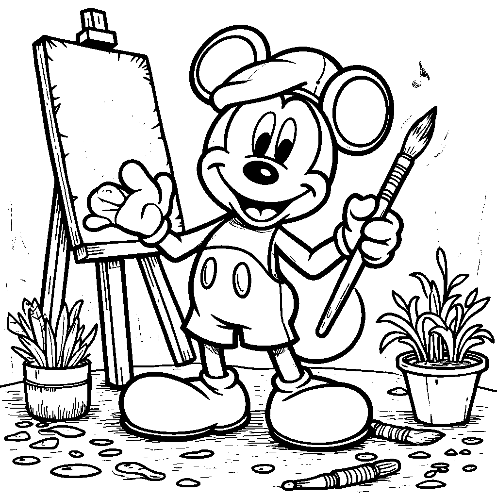 Mickey Mouse wearing a beret and holding a paintbrush