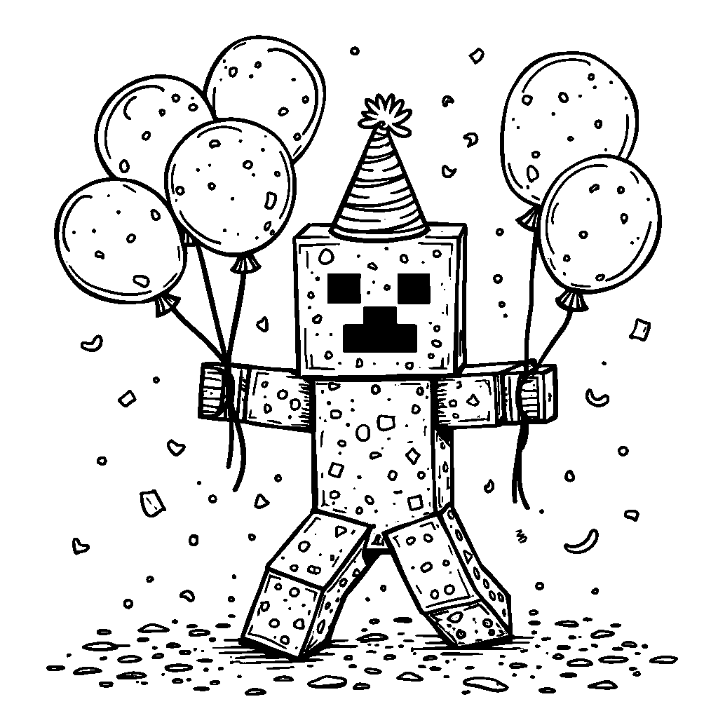 A Creeper wearing a party hat and holding balloons