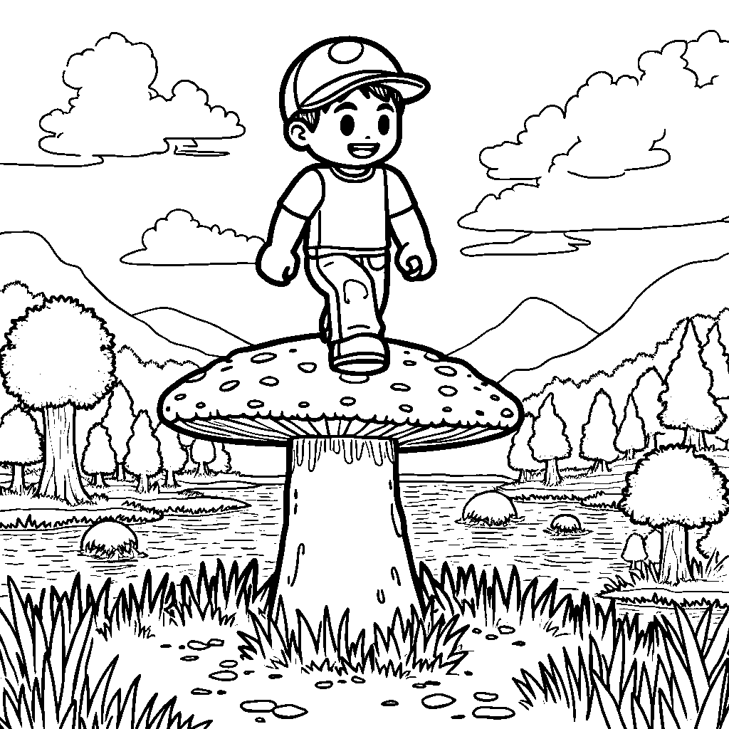 Minecraft Alex standing on top of a giant mushroom