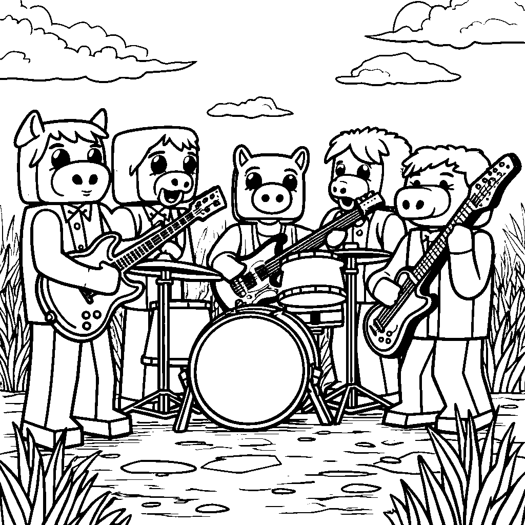 A group of Minecraft animals playing musical instruments