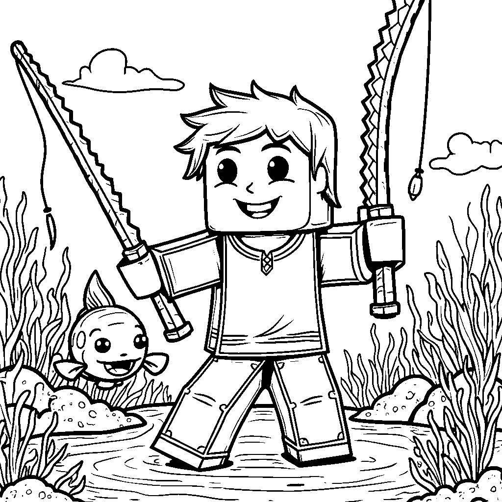 A Minecraft character holding a fishing rod and catching a fish