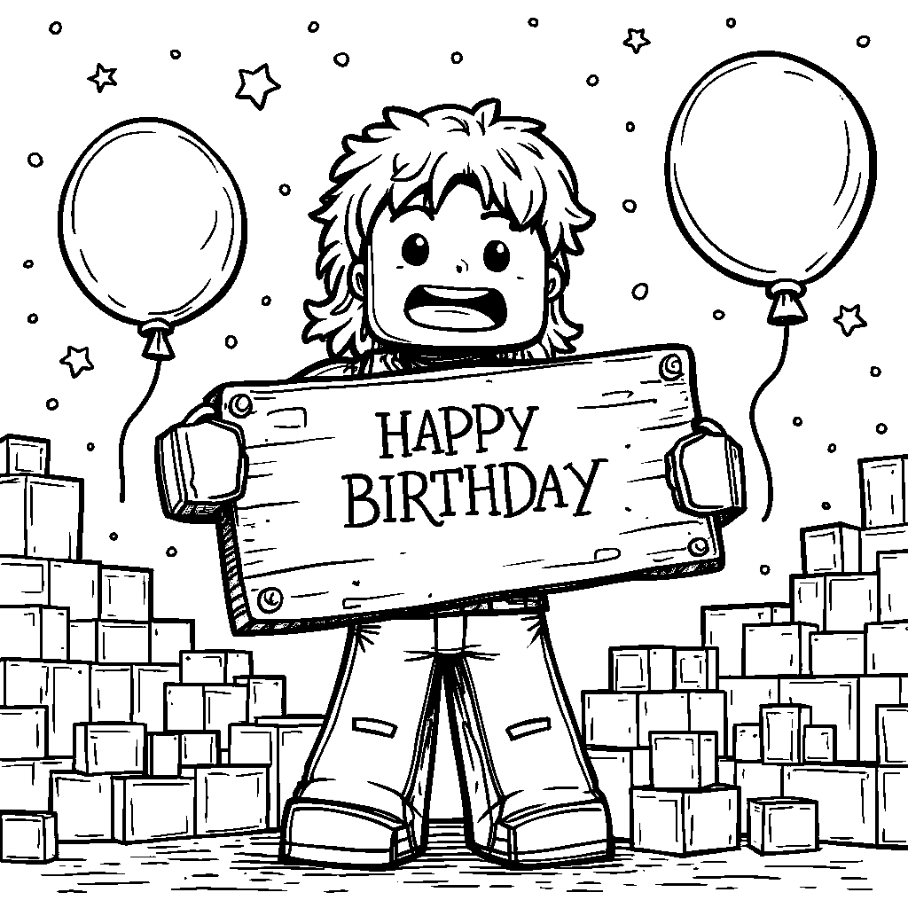 A Minecraft character holding a sign that says 'Happy Birthday'