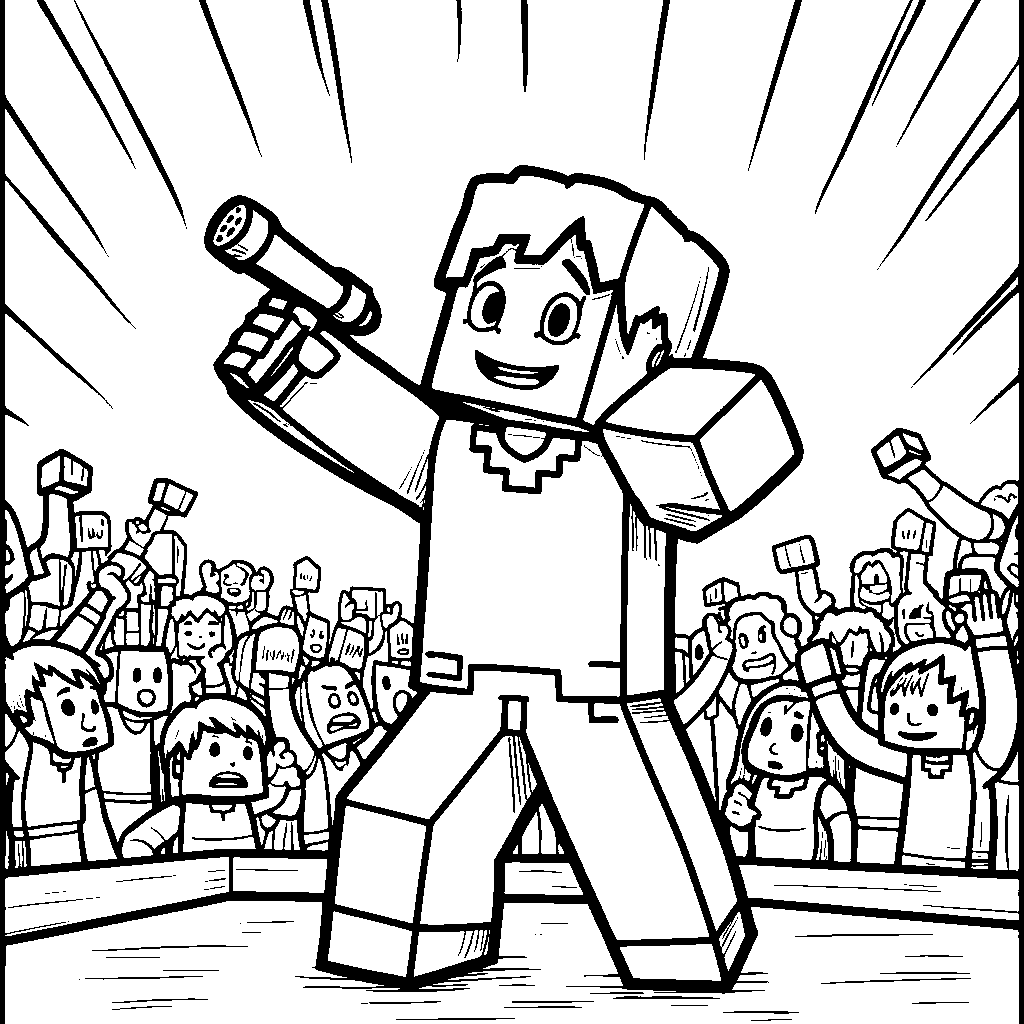 A Minecraft character holding a microphone and singing on stage