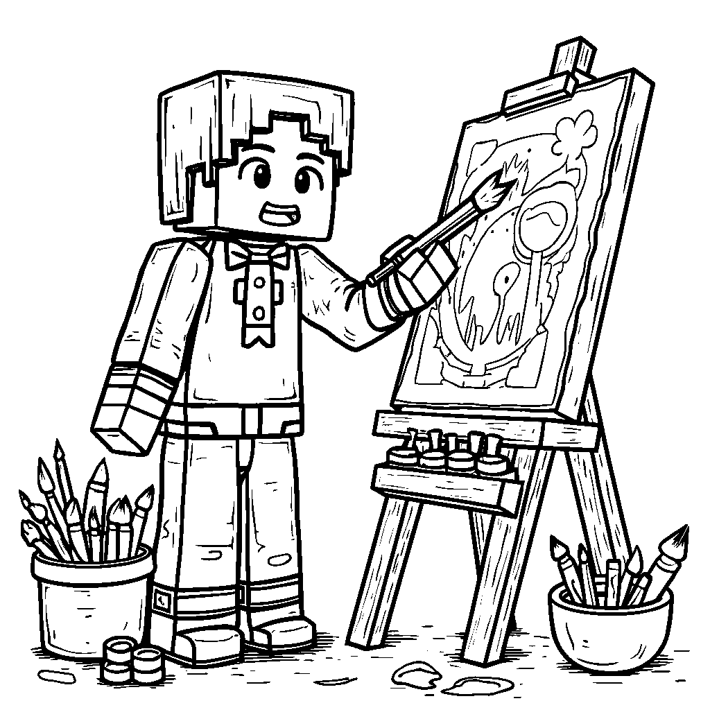 A Minecraft character holding a paintbrush and painting a masterpiece