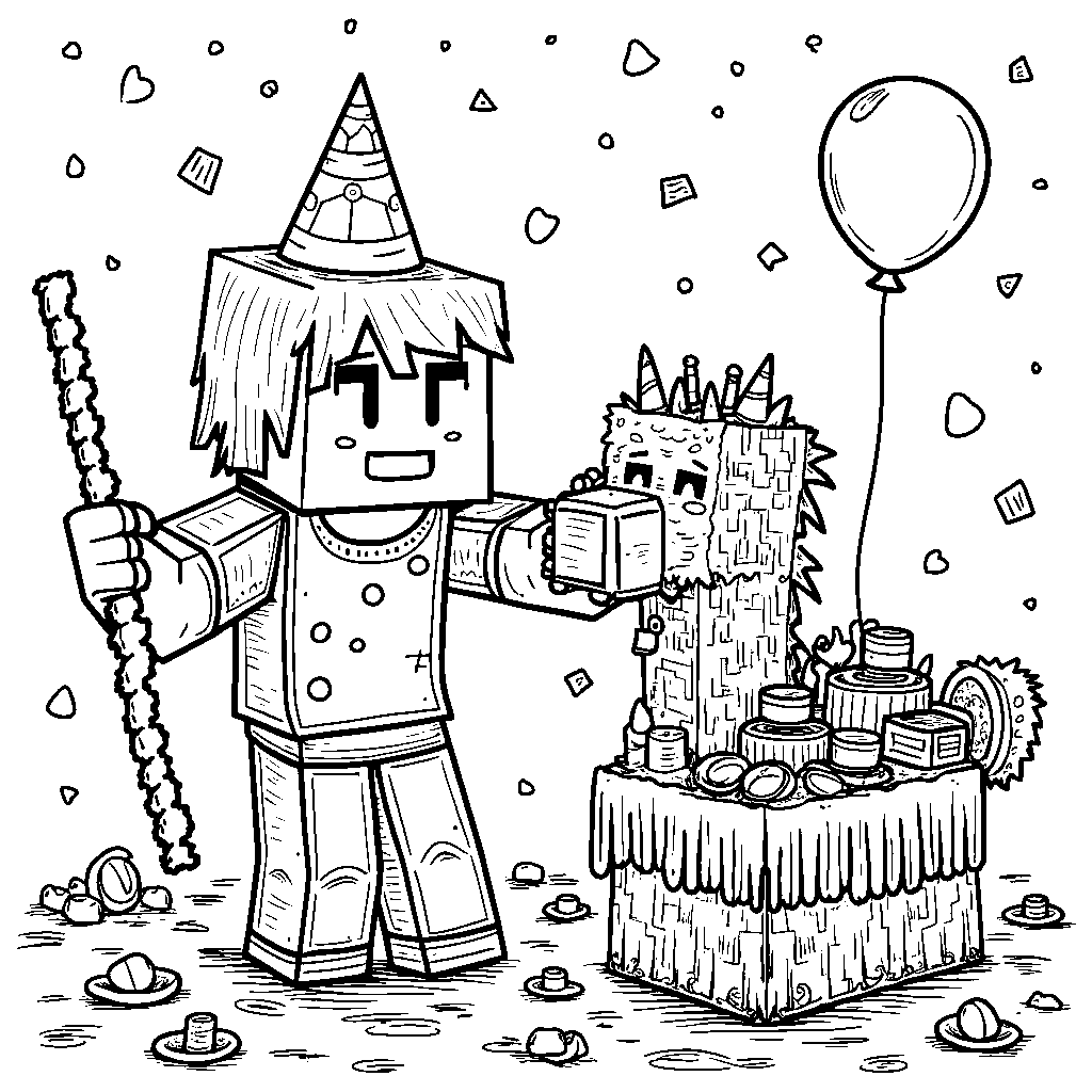 A Minecraft character playing with a Minecraft-themed pinata